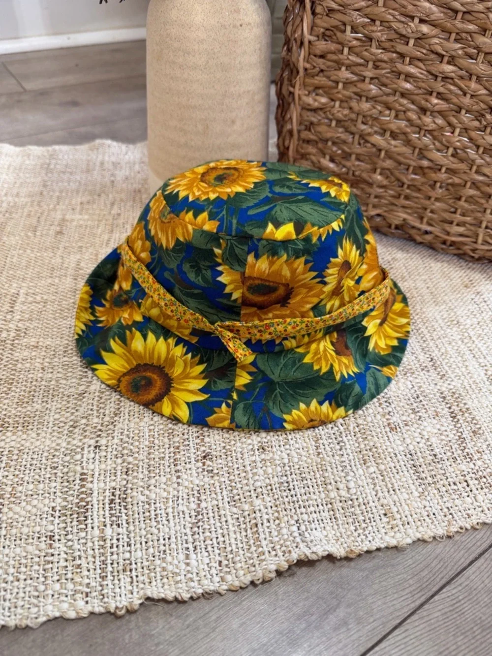 Vintage 90s Baby Toddler Girl Hat Sunflower Print Bucket Hat ADORABLE